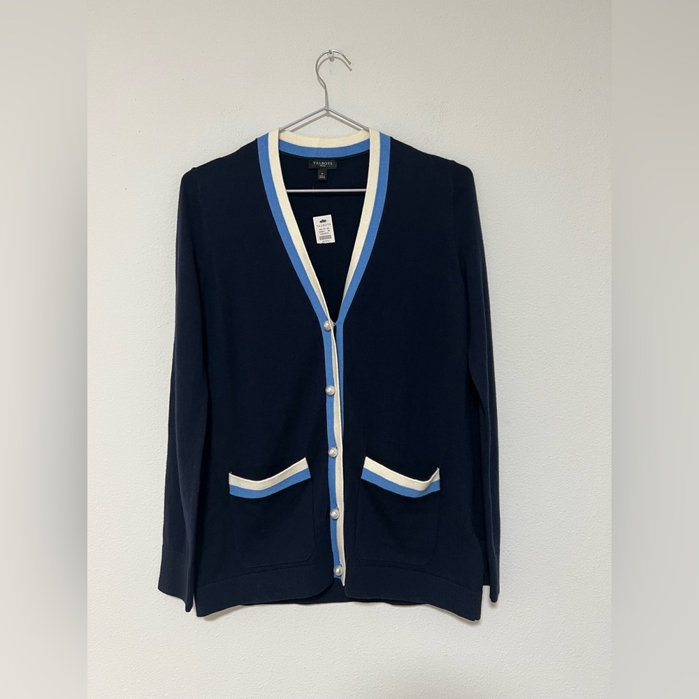 Talbots Navy Blue Soft Tipped Nautical Preppy Pearl Button Cardigan - Picture 2 of 9